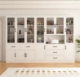 White Wood 110.2 in. W Buffe t Combination Kitchen Cabin et W/Hutch, Glass Doors, She lves (15.7 in. D x 78.7 in. H)
