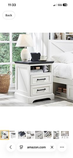 18" Farmhouse Nightstand with Charging Station Wood End Table with 2 Drawers Storage Side Table Bedside Cabinet for Bedroom,Living Room,White