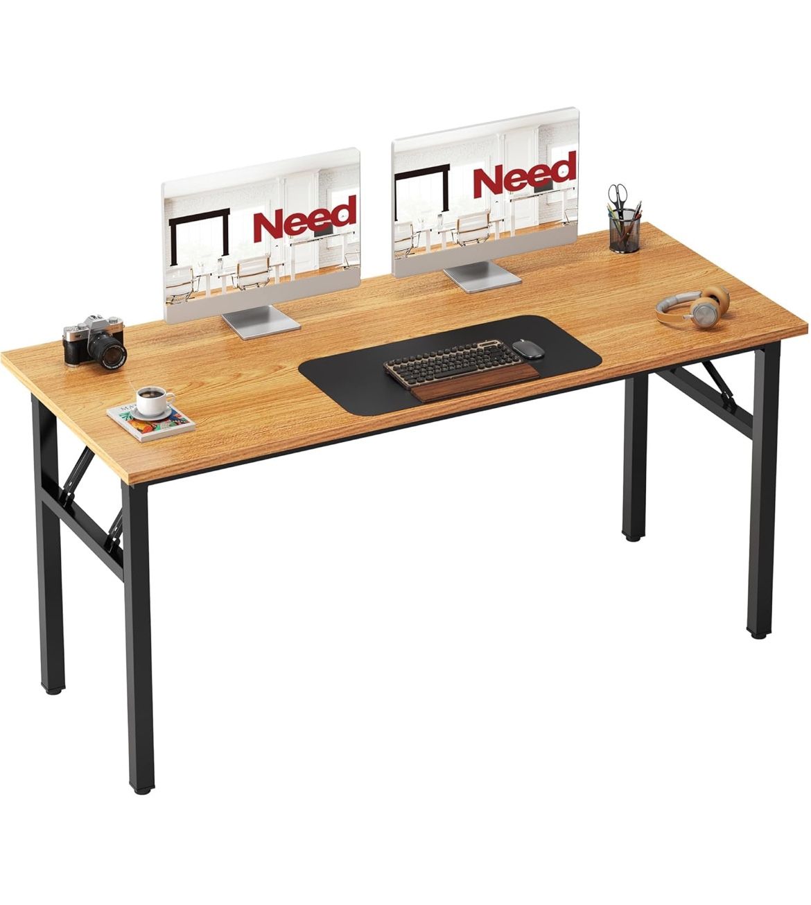 Need Office Computer Desk - 54.3L Sturdy and Heavy Duty Folding Laptop Table,Writing Table/Home Office Desk/Sewing Table,No Assembly Required (Teak&Bl