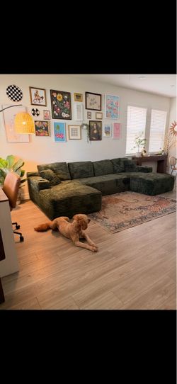 Green Corduroy Sectional Sofa with Chaise