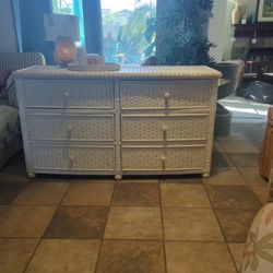 White 6 drawer Wicker Dresser