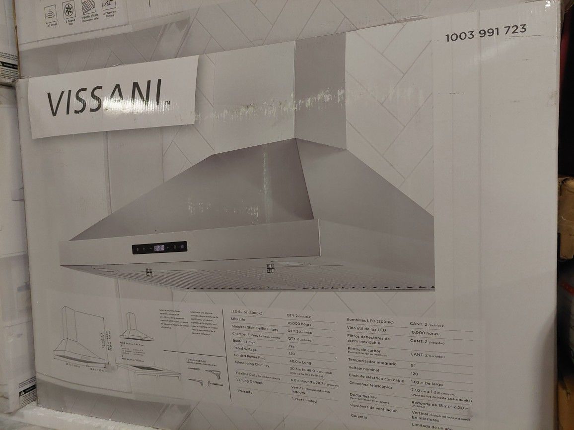 Vissani30 in. W Convertible Wall Mount Range Hood with 2 Charcoal Filters in Stainless SteelSpecificationsDimensions: H 11.5 in W 30 in D 19.69 in