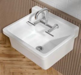 Kuomih Utility Sink Laundry Sink High Back Farm Style Sink 24 in. Wall Mount Single Bowl White Fireclay Farmhouse Kitchen Sink