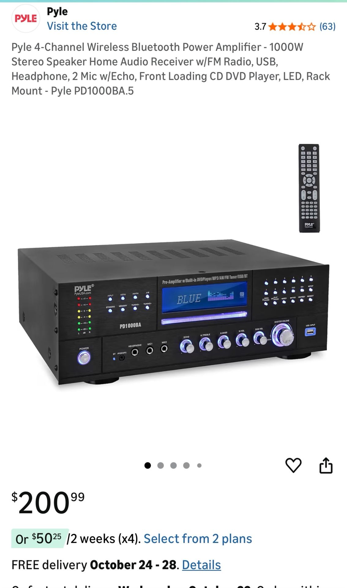Pyle PD1000BA 1000watt Bluetooth Amplifier