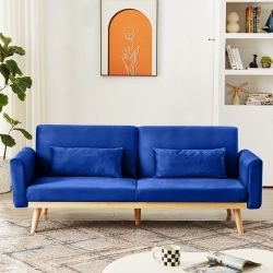 DKLGG Blue Futon Sofa Bed, Velvet Convertible Sofa Couch Sleeper with Wood Legs & 2 Pillows, Upholstered Loveseat for Small Spaces Living Room Bedroom