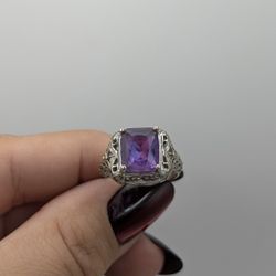 Vintage Purple Stone Sterling Silver Filigree Ring Size 6 1/4