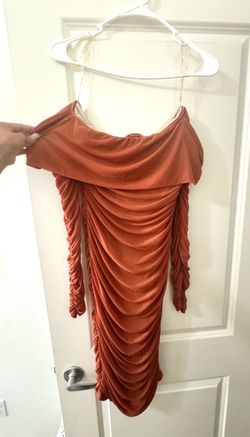 Rust Orange Ruched Off-Shoulder Long Sleeve Dress