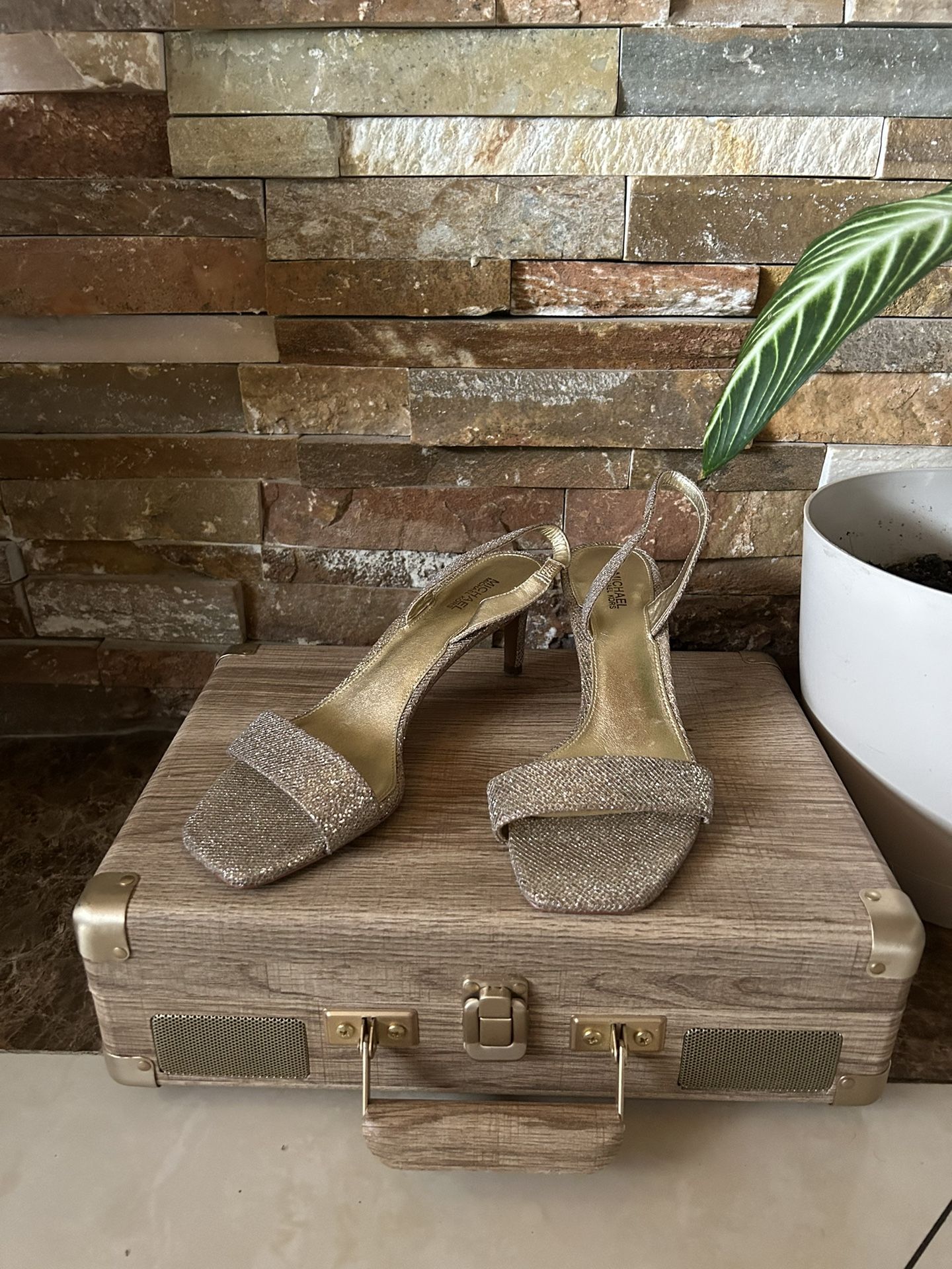 Michael Kors Gold Single Strap With Back Heel Strap On A Kitten Heel Size 9