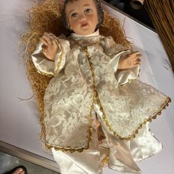 Vintage Baby Jesus (Niño Dios) plaster statue with glass eyes And Nativity Gown from Spain