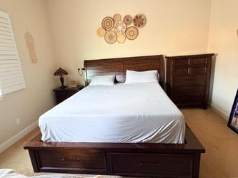 King Size Solid Dark Wood Storage Bed Frame + Ashley 14" Hybrid Mattress Set