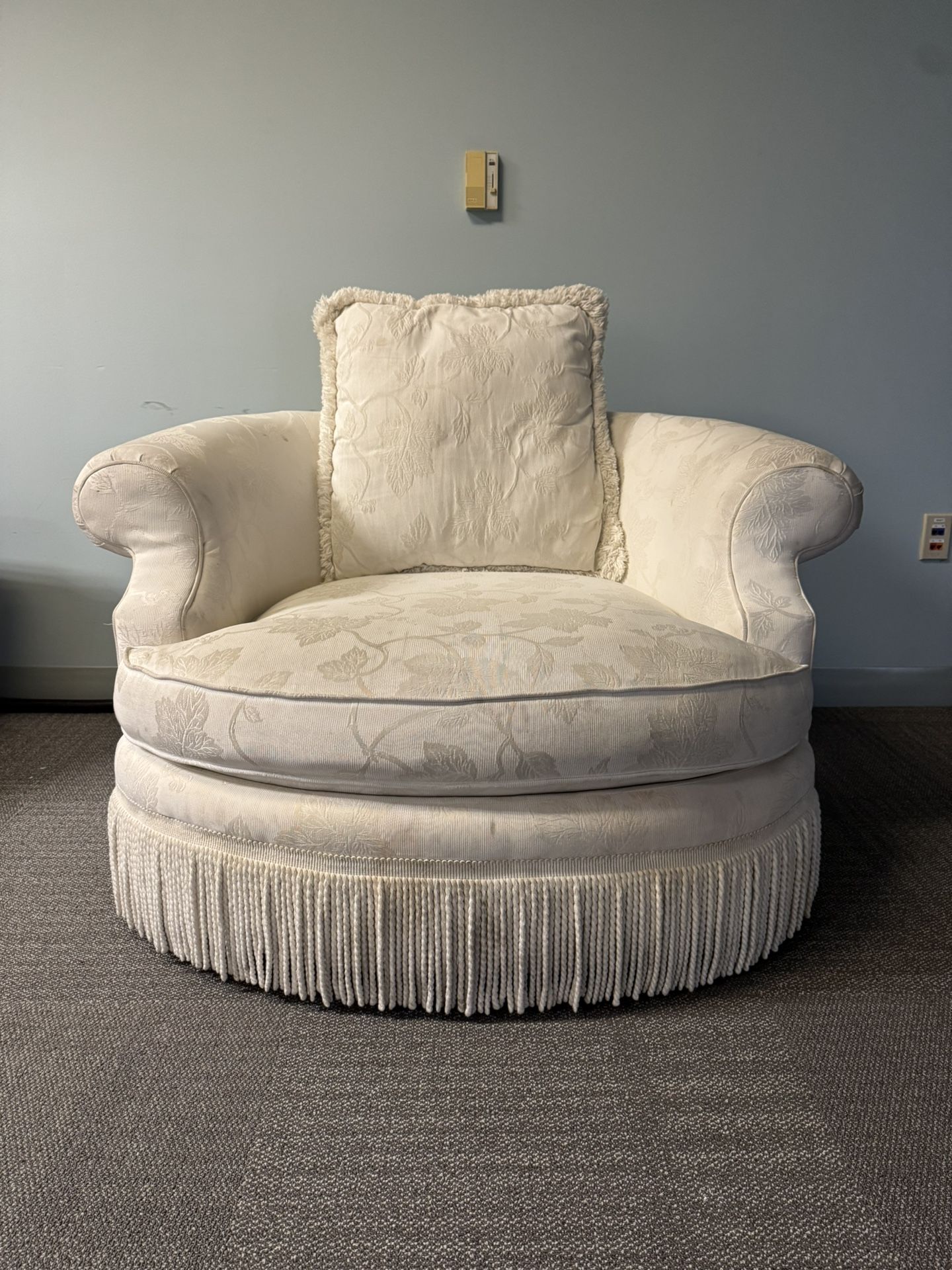 Swivel Barrel Chair – Ivory Floral Upholstery with Fringe Skirt