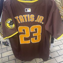 Size Small, Medium, Large, And XL.      Nike San Diego Padres Tatis Jr. #23 Brown MLB Baseball Jersey