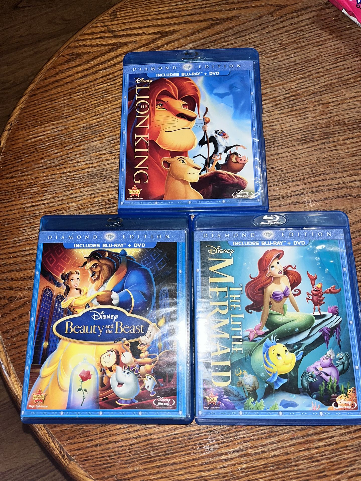 3 Disney DVD/BluRays - Lion King, Beauty & The Beast, The Little Mermaid