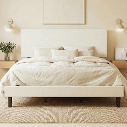 SHA CERLIN Velvet Upholstered King Size Bed Frame, Cream Platform Bed with Adjustable Headboard, Wooden Slats Support, No Box Spring Needed, Noise-Fre
