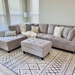 New Gray Sectional Sofa Chenille Couch With large Storage Ottoman 