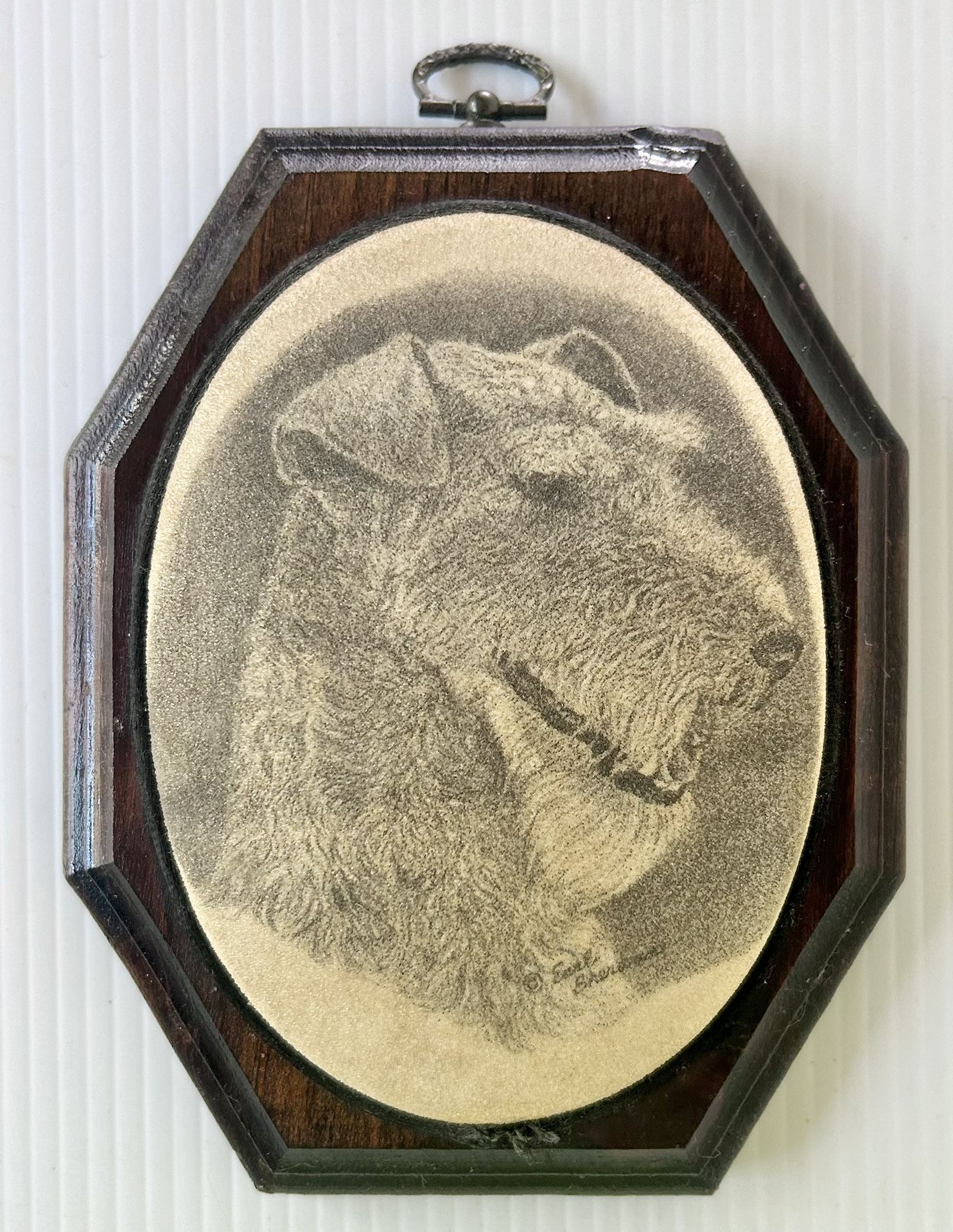 Vintage 70’s Earl Sherwan Airedale Wall Plaque Bead Glass Wood Art 7” x 5-1/4”