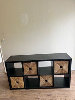 Black Cube Storage Shelf with Wicker Baskets