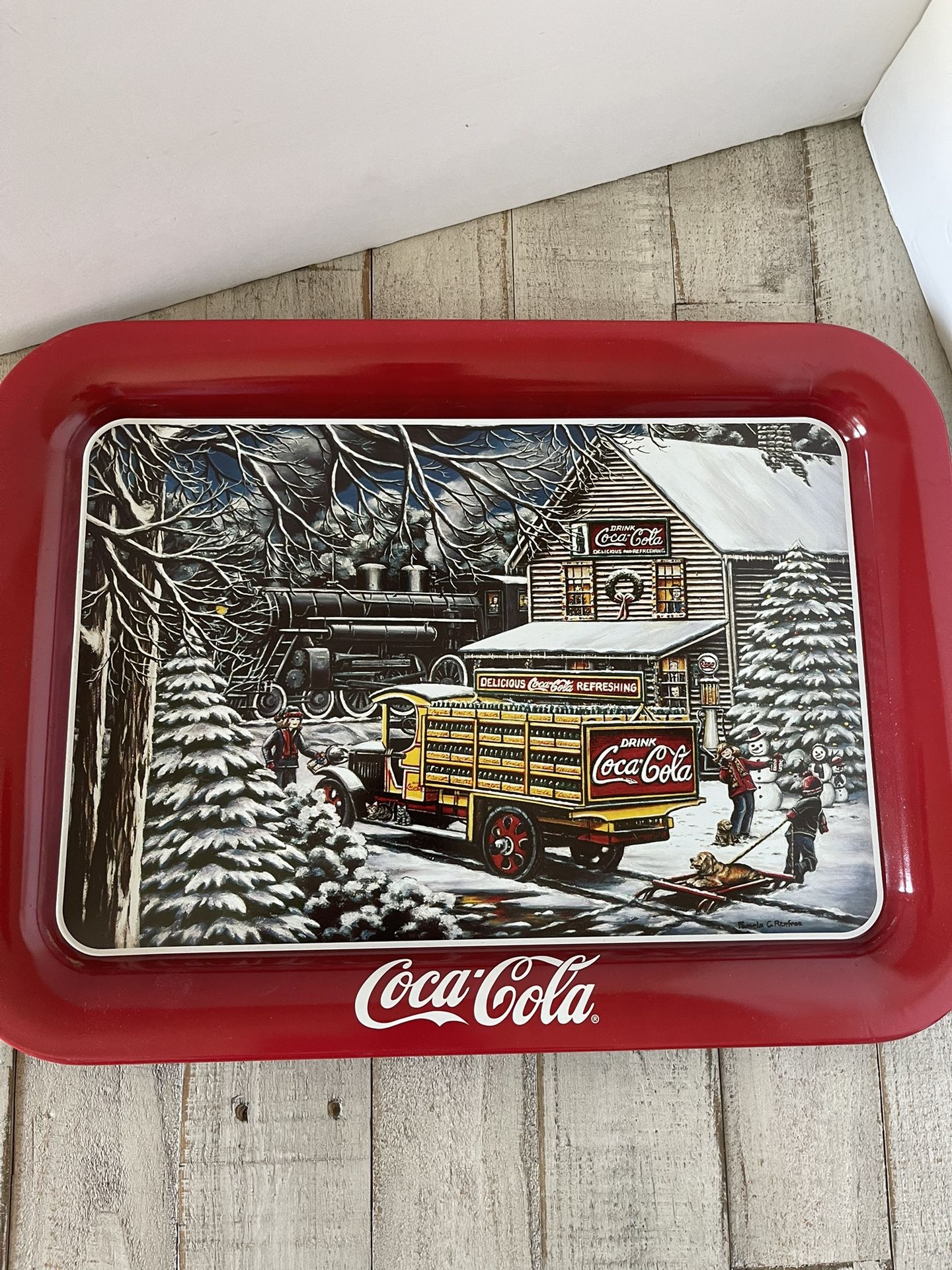 1999 COCA COLA METAL SERVING TRAY YULE TIME DELIVERY PAMELA RENFROE