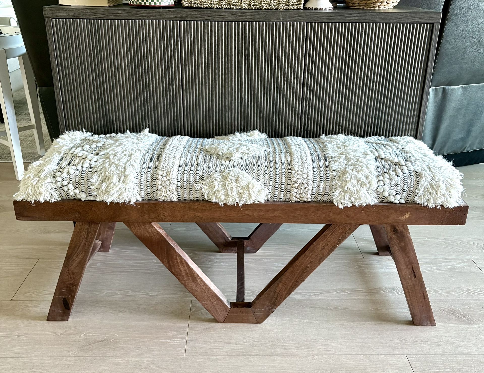 Nice Boho Rustic Upholstered Wood Bench Ottoman