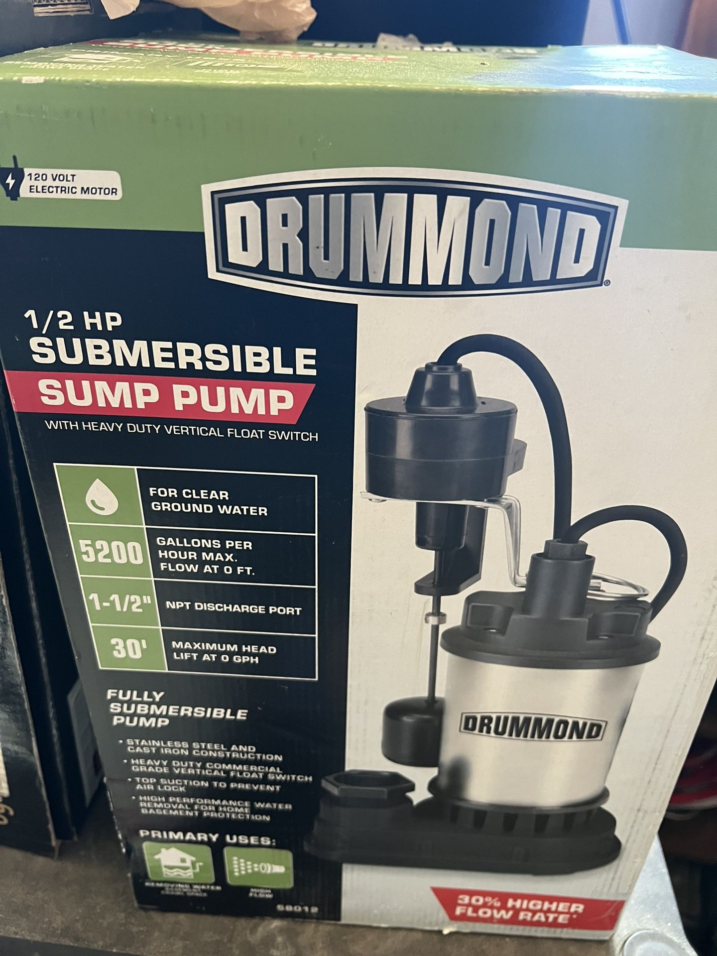 DRUMMOND 1/2 HP Submersible Sump Pump with Heavy Duty Vertical Float Switch 5200 GPH
