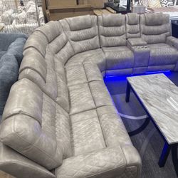 New Light Grey Faux Leather LED Power Recliner Sectional Sofa Set w/Drop Down