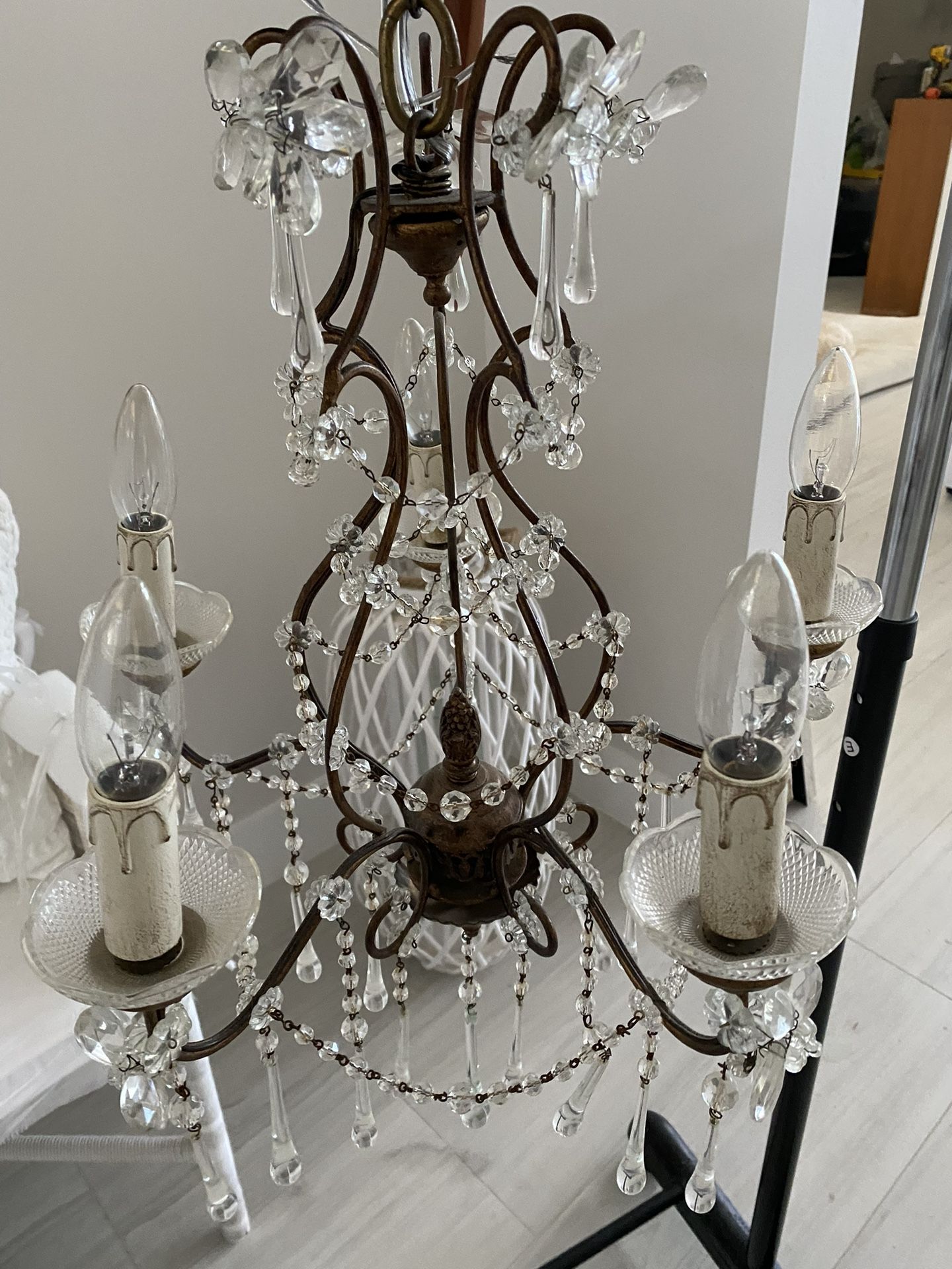 Italian Antique Wood Crystal Chandelier