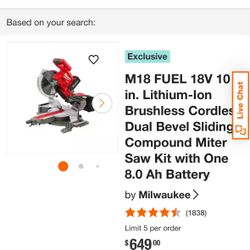  Milwaukee - M18 FUEL 18V 10 in. Lithium-Ion Brushless Cordless Dual Bevel Sliding Compound Miter Saw Kit with One 8.0 Ah Battery Milwaukee - M18 FUEL