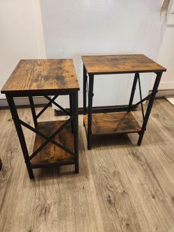 Set of 2 Industrial Rustic End Tables – 2-Tier, Black Metal X-Frame