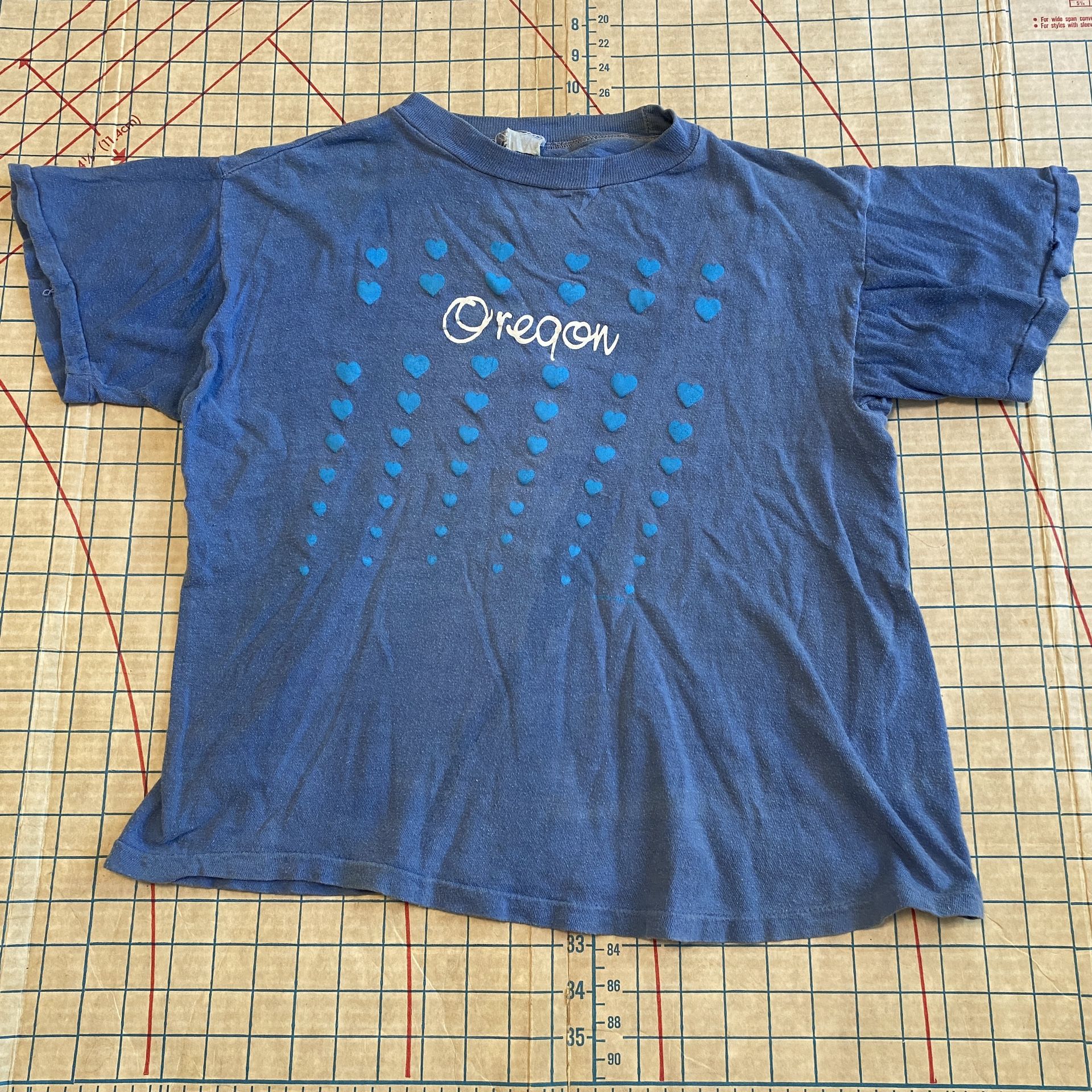 Vintage 90’s Oregon Hearts Cropped T-Shirt Blue Single Stitched Size Medium