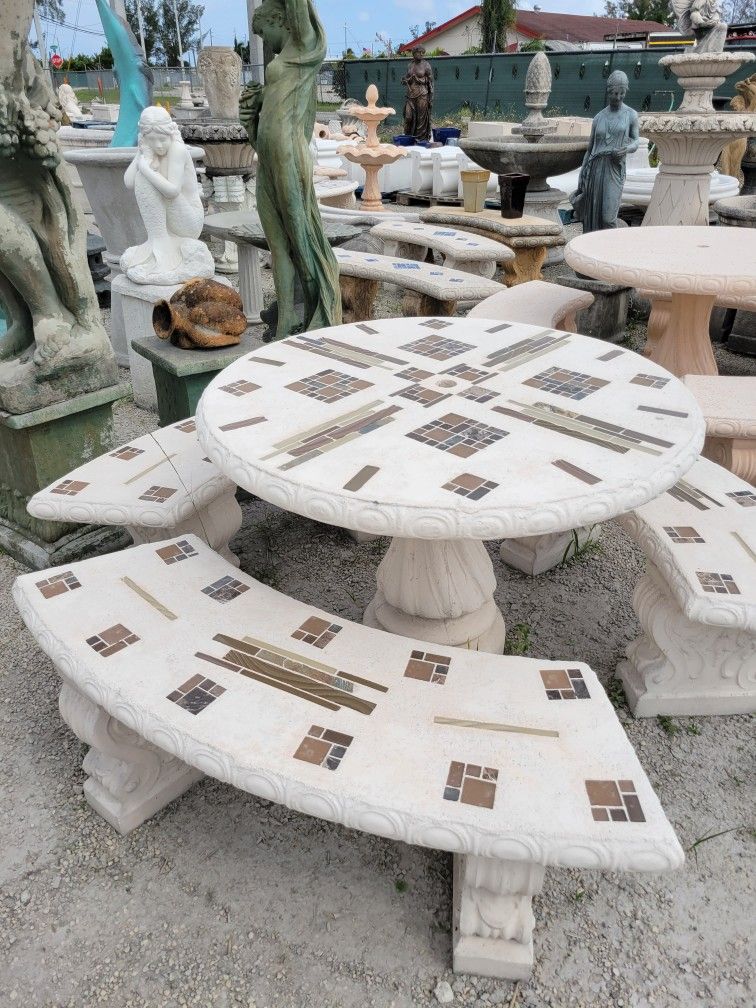 Concrete Mosaic Picnic Table with 3 Benches/ Outdoor Patio Furniture