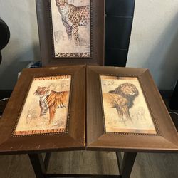 Lot  of 3 vintage wood  J Gibson Lion & Leopard& Tiger  Safari Framed Wall Art💕