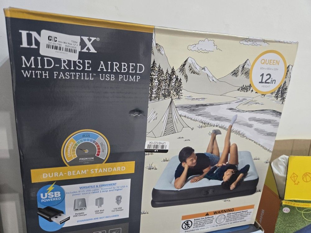 Intex Mid-Rise Queen Airbed w/ USB Pump – Brand New! + Free Gift!