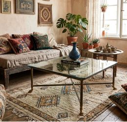 Antique Glass Top Coffee Table with Metal Legs