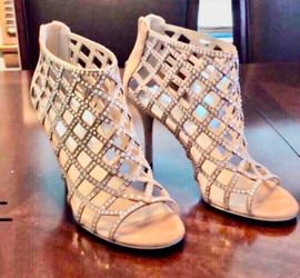 Michael Kors Rhinestone Embellished suede boot style with zippered back open toe