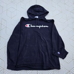 Champion Men's Hoodie Logo Embroidered  Navy Blue Size XL Retro Y2K 100% Cotton 