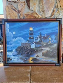 "Moonlit Beacon" lighthouse scene by artist James Himsworth.