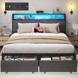 New Full Bed Base with Charging Station and LED Lights, Metal Bed Frame with 2 Storage Drawers and Headboard, No Box Spring Needed, Easy Assembly, No 