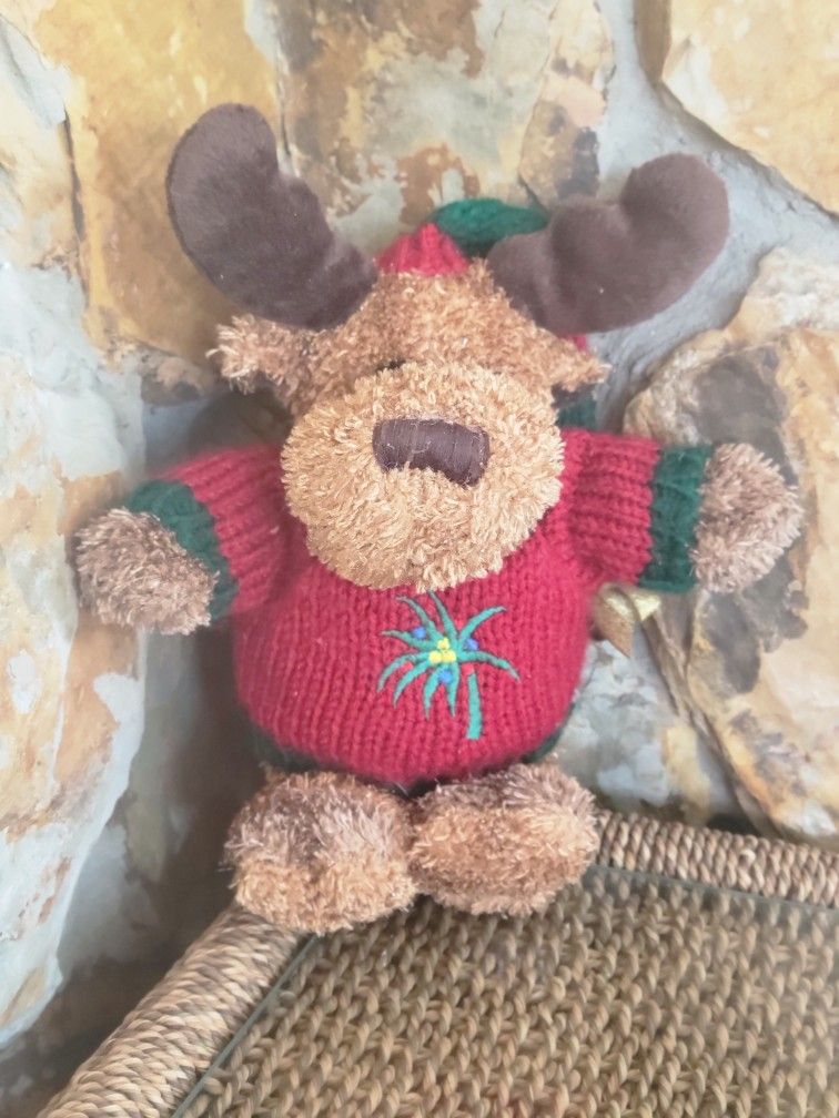 Vintage Sweater Dressed Reindeer With A Bell Stocking Hat