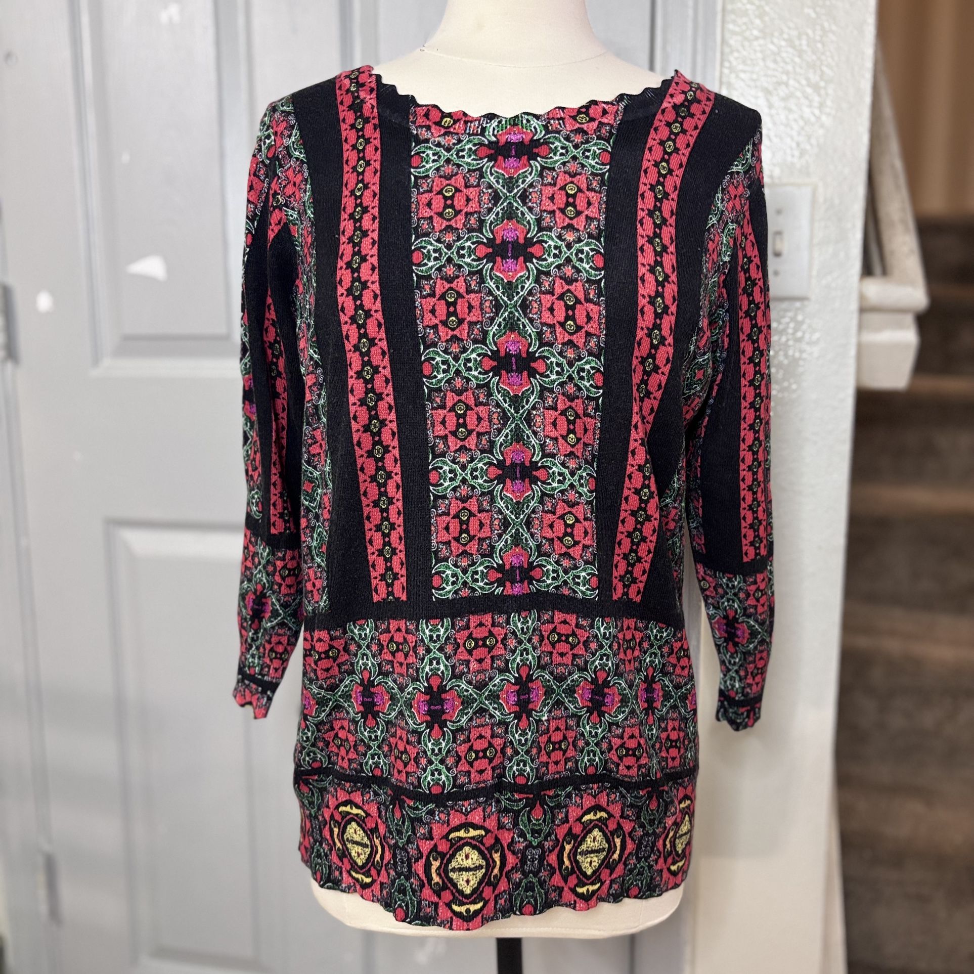 JOSEPH A Rayon Blend Black Red Floral Pullover Knit Top Large Stretch Women EUC