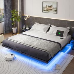 King Size Floating Metal Platform Bed Frame with Smart LED Lights and USB Charging Station