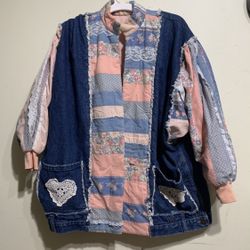 Vintage Handmade Patchwork Denim Jacket 80s Cottagecore Quilted Lace Hearts 27”