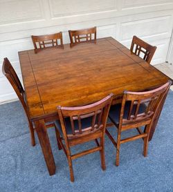 7-PC LARGE, BROWN FINISH, HIGH TOP FORMAL DINING SET (TABLE WITH LEAF AND 6 PADDED CHAIRS)
