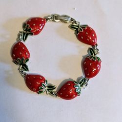 Strawberry Bracelet Silver Tone Six Red Strawberries Green Leaves 8" Length