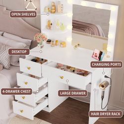 Vanity Desk with Mirror and Lights, White Small Makeup Vanity Table, 5 Drawers,