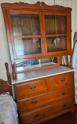 Vintage Handmade Real Wood Kitchen Hutch/4-Draw Cabinet w/ Mirror & Metal Pulls