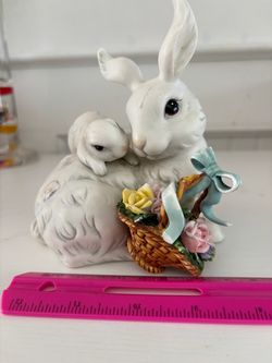 Ceramic Bunny Figurine with Flower Basket