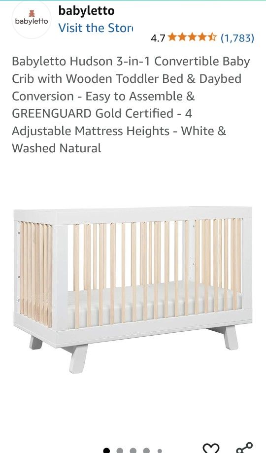 Babyletto Hudson 3-in-1 Convertible Baby Crib with Wooden Toddler Bed & Daybed Conversion