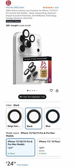 Camera Lens Protector for iPhone 17/16/15 Pro and Pro Max Models - Black, Camera Ring