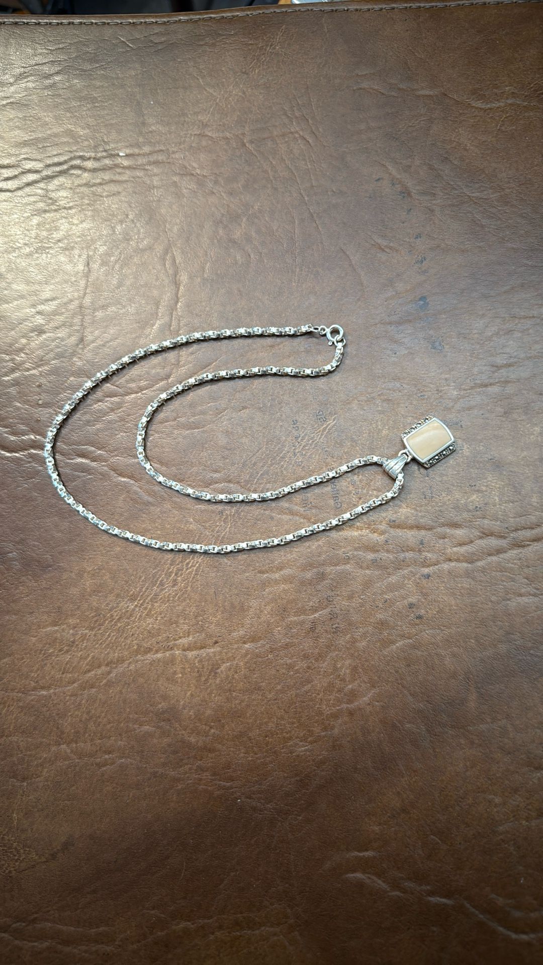 • Vintage 925 Silver Necklace--18" long--stamped with beige Stone
