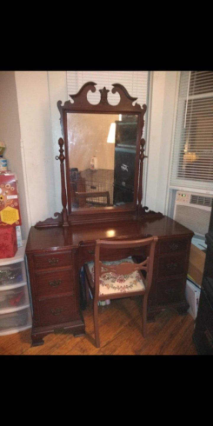 Antique Vanity w/ Mirror & 2 Antique Chairs